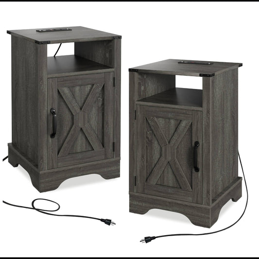 Emootto Set of 2, 16" Dark Grey Farmhouse Nightstand w/ Charging Station & Storage - View 2