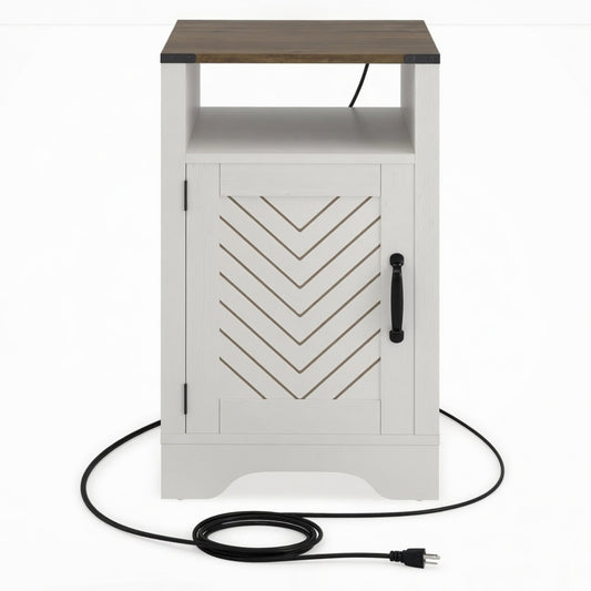 Emootto 16" White & Rustic Oak Farmhouse Nightstand w/ Charging Station & Storage - View 2