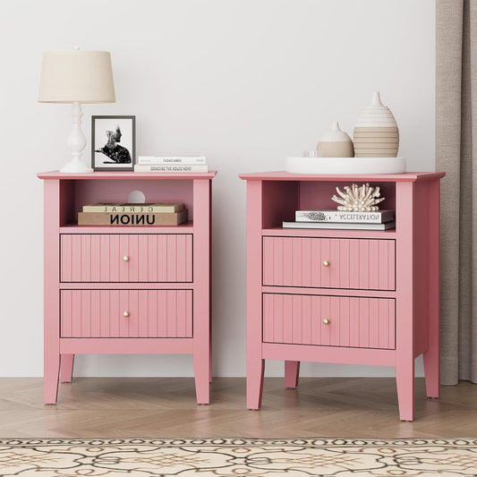 Emootto 18" Fluted 2-Drawer Nightstand Set of 2, Modern Pink End Table with Storage - View 1