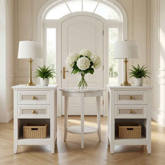 Emootto Set of 2 - 17.7" Wide White Rattan Nightstand w/ 2 Drawers - Boho 27" Tall Bedside Table for Small Spaces & Bedroom - View 1