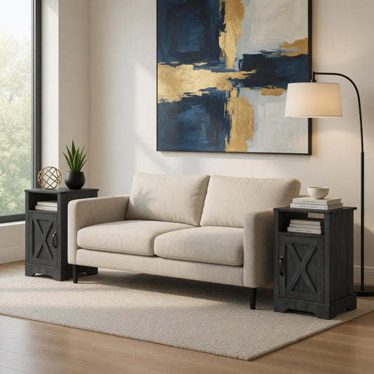 Emootto 16" Dark Grey Farmhouse Nightstand w/ Charging Station & Storage - View 1