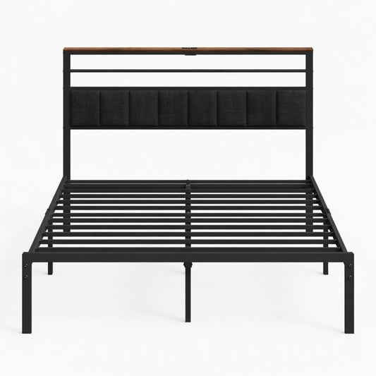 Emootto 54"x80" Black Full Platform Bed Frame with Charging Station & Headboard - View 2