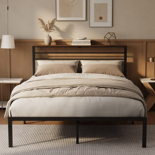 Emootto 60.4"x 84.7" Black & Vintage Brown Queen Platform Bed Frame with Charging Station & Headboard - View 1
