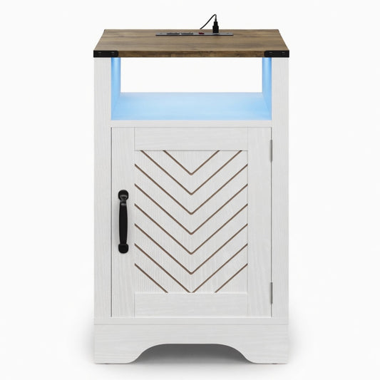 Emootto 16" Wide White & Rustic Oak LED Nightstand with Charging Station & Storage - View 2