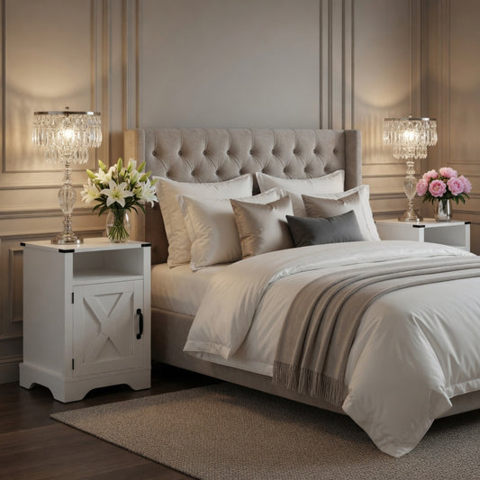 Emootto Set of 2, 16" White Farmhouse Nightstand w/ Charging Station & Storage - View 1