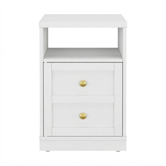 Emootto 15.7” Width White Wood Nightstand with Door & Shelf, Faux 2-Drawer Modern Side Table - View 2