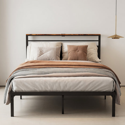 Emootto 54"x80" Black Full Platform Bed Frame with Charging Station & Headboard - View 1