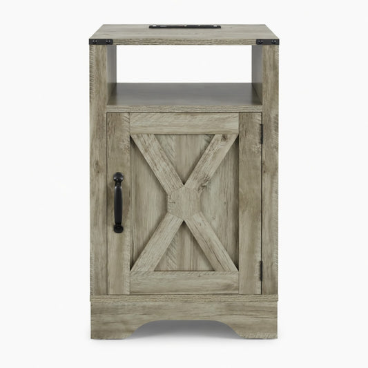 Emootto 16" Light Grey Farmhouse Nightstand w/ Charging Station & Storage - View 2