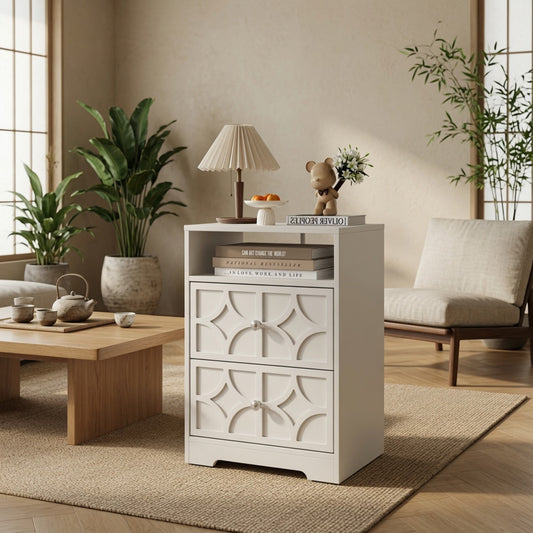 Emootto Set of 2, 18.9” Width White Wood Nightstand with 2 Drawers & Charging Station, Diamond Carved Side Table - View 1