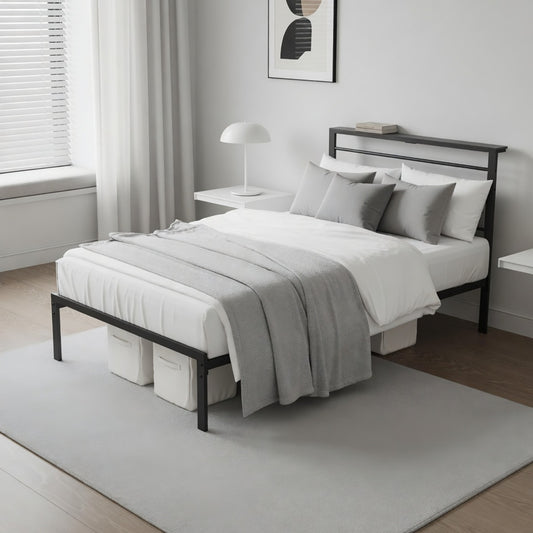 Emootto 39"x80" Black & Vintage Brown Twin Platform Bed Frame with Charging Station & Headboard - View 1