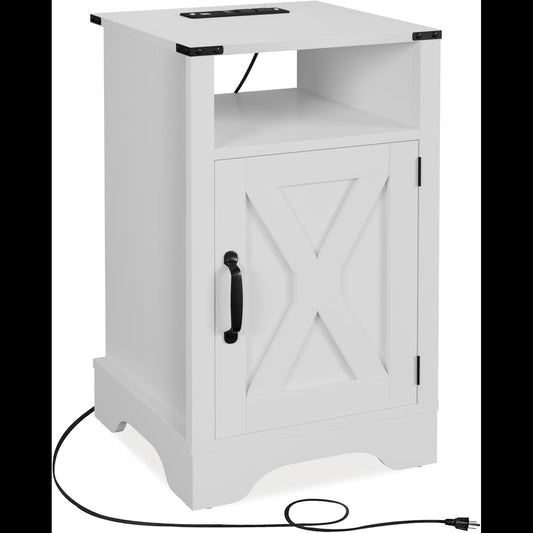 Emootto 16" White Farmhouse Nightstand w/ Charging Station & Storage - View 2