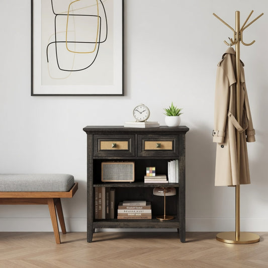 Emootto 27.5" Coffee Rattan Boho Storage Cabinet - 2 Drawers, 2 Shelves, Modern Accent Cabinet - View 1