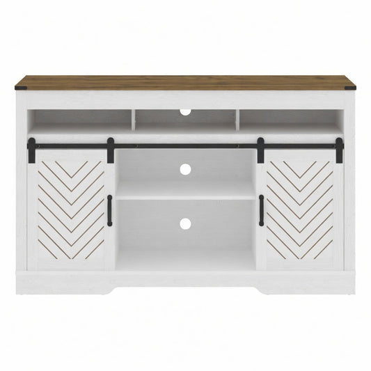 58" Farmhouse TV Stand for 65"+ TV with Sliding Barn Doors & Storage, Ivory & Oak - product image 2