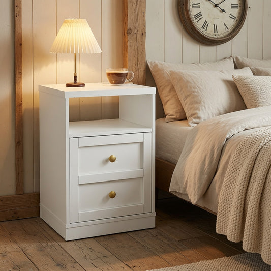 Emootto 15.7” Width White Wood Nightstand with Door & Shelf, Faux 2-Drawer Modern Side Table - View 1