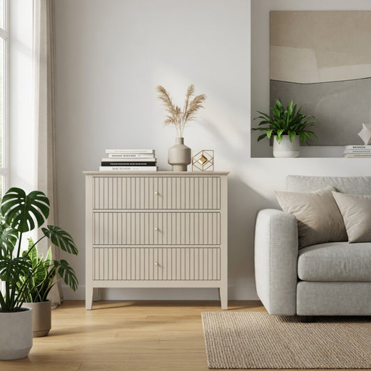 Emootto 32" Wide Beige Fluted 3-Drawer Nightstand, Large Modern Bedroom End Table - View 1
