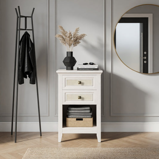 Emootto 17.7" White Rattan Nightstand w/ 2 Drawers - Boho 27" Tall Bedside Table for Small Spaces & Bedroom - View 1