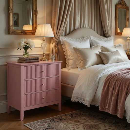 Emootto 32" Wide Pink Fluted 3-Drawer Nightstand, Large Modern Bedroom End Table - View 1