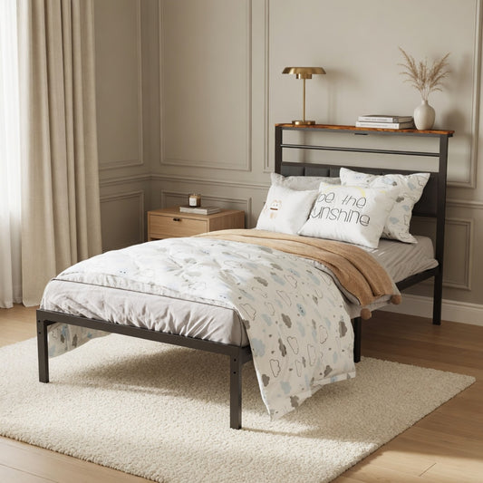 Emootto 39"x80" Black Twin Platform Bed Frame with Charging Station & Headboard - View 1