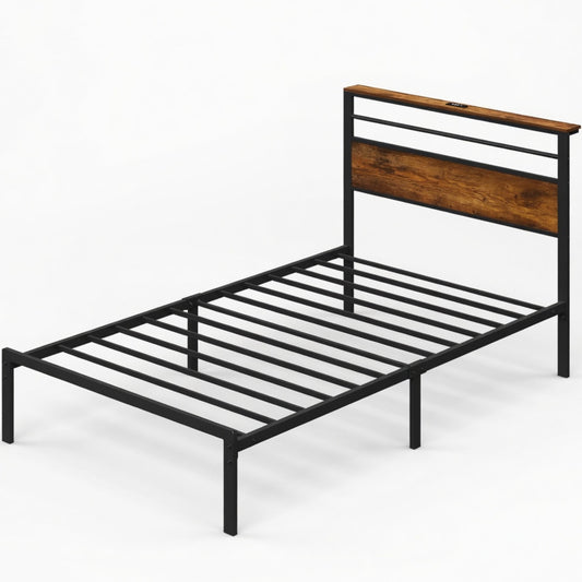 Emootto 39"x80" Black & Vintage Brown Twin Platform Bed Frame with Charging Station & Headboard - View 2