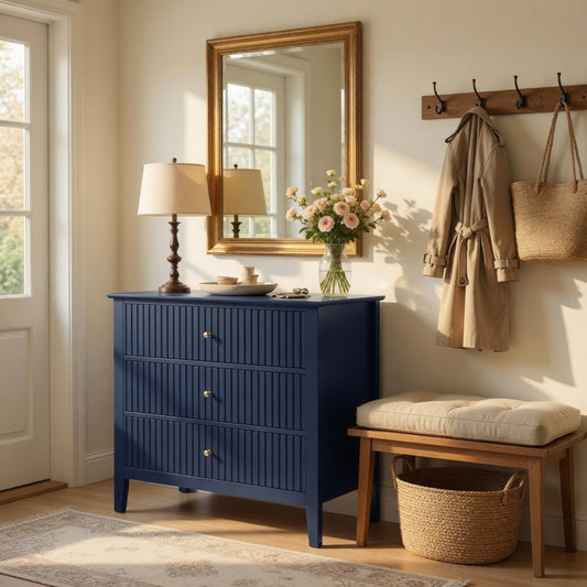 Emootto 32" Wide Blue Fluted 3-Drawer Nightstand, Large Modern Bedroom End Table - View 1