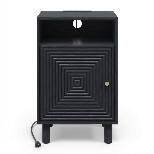 Emootto 15.7” Width Black Nightstand with Charging Station & Storage, Solid Wood Legs - View 2