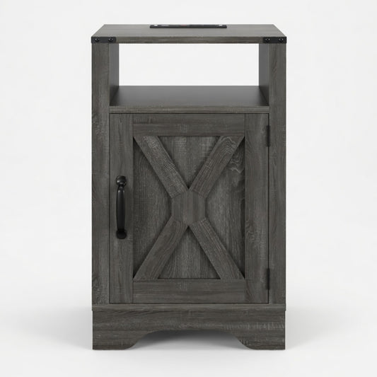 Emootto 16" Dark Grey Farmhouse Nightstand w/ Charging Station & Storage - View 2
