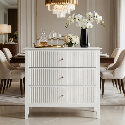 Emootto 32" Wide White Fluted 3-Drawer Nightstand, Large Modern Bedroom End Table - View 1