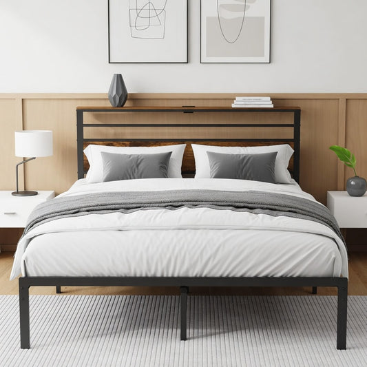 Emootto 54"x80" Black & Vintage Brown Full Platform Bed Frame with Charging Station & Headboard - View 1