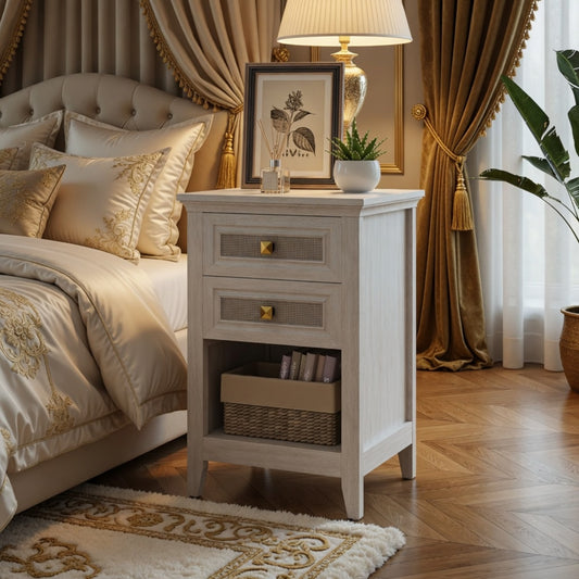 Emootto 17.7" White Rattan Nightstand - Boho Bedside Table w/ 2 Drawers & Shelf - View 1