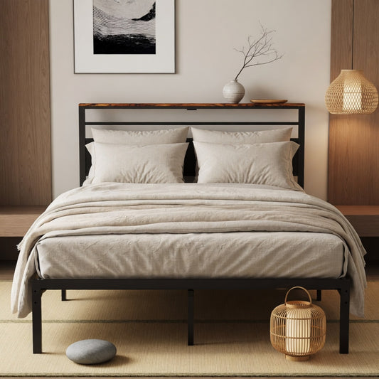Emootto 60.4"x 84.7" Black Queen Platform Bed Frame with Charging Station & Headboard - View 1