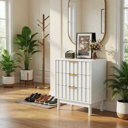 Emootto 23.6” Width " White Fluted 3 Drawer Dresser - Bedroom & Living Room Storage - View 1