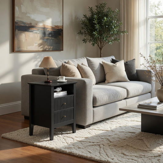 Emootto 18" Fluted 2-Drawer Nightstand Set of 2, Modern Black End Table with Storage - View 1