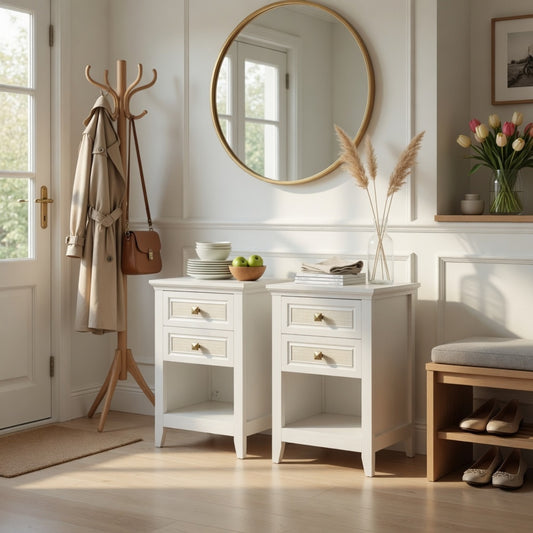 Emootto Set of 2 - 17.7" Wide White Rattan Nightstand w/ 2 Drawers - Boho 27" Tall Bedside Table for Small Spaces & Bedroom - View 1