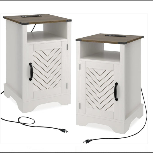 Emootto Set of 2, 16" White & Rustic Oak Farmhouse Nightstand w/ Charging Station & Storage - View 2