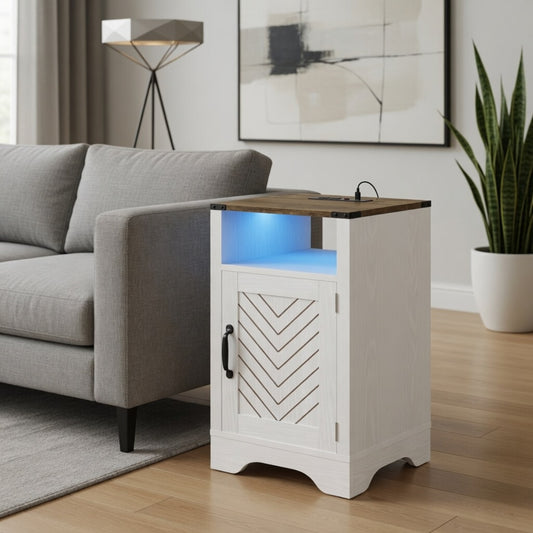 Emootto 16" Wide White & Rustic Oak LED Nightstand with Charging Station & Storage - View 1