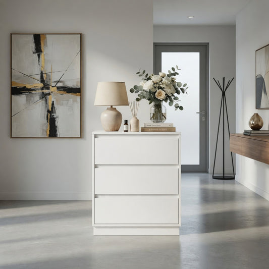 Emootto 23.6” Width White 3 Drawer Modern Nightstand - Large Wood Bedroom Side Table - View 1