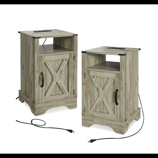 Emootto Set of 2, 16" Light Grey Farmhouse Nightstand w/ Charging Station & Storage - View 2