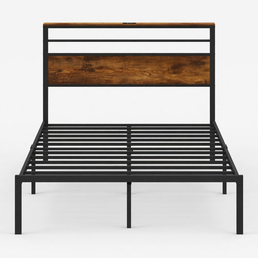 Emootto 60.4"x 84.7" Black & Vintage Brown Queen Platform Bed Frame with Charging Station & Headboard - View 2