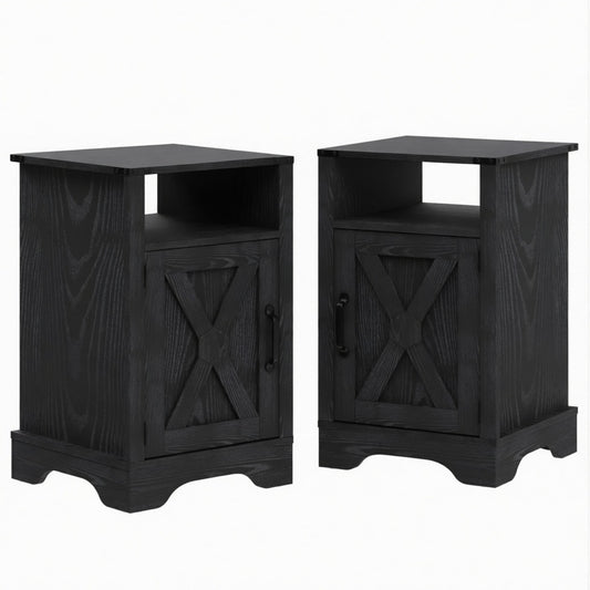 Emootto Set of 2, 16" Black Farmhouse Nightstand w/ Charging Station & Storage - View 2