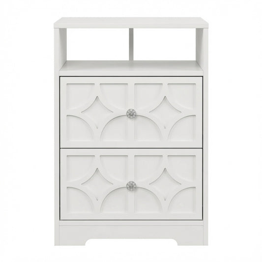 Emootto 18.9” Width White Wood Nightstand with 2 Drawers & Charging Station, Diamond Carved Side Table - View 2