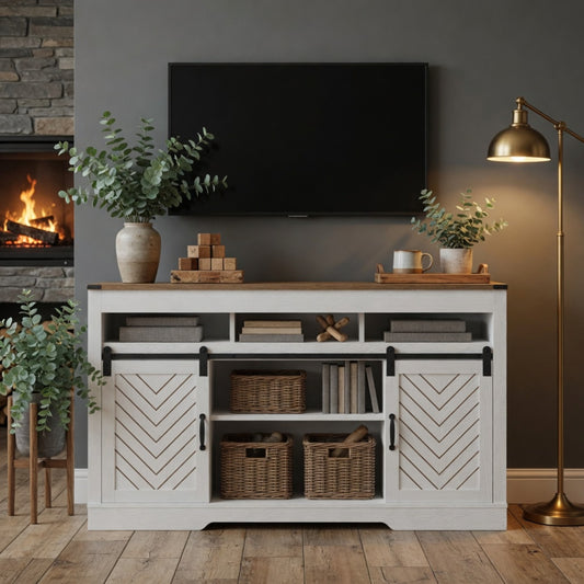 58" Farmhouse TV Stand for 65"+ TV with Sliding Barn Doors & Storage, Ivory & Oak - product image 1