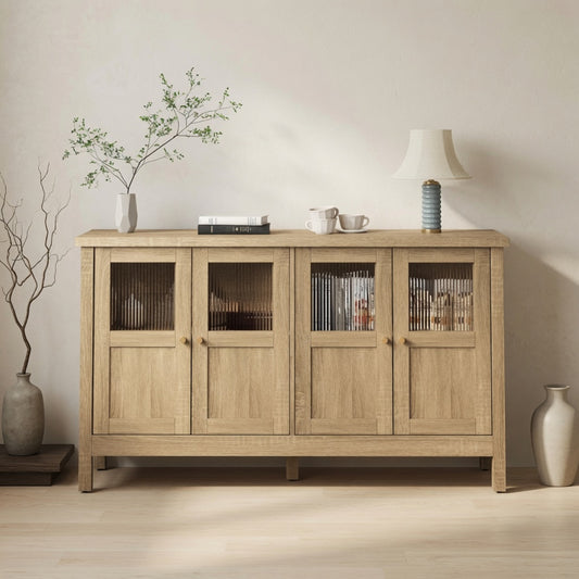 55.1"Wide Natural Wood Buffet Cabinet with 4 Acrylic Doors & Adjustable Shelves - product image 1