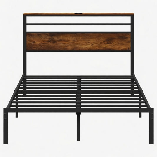 Emootto 54"x80" Black & Vintage Brown Full Platform Bed Frame with Charging Station & Headboard - View 2