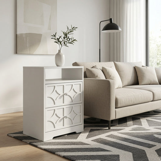 Emootto 18.9” Width White Wood Nightstand with 2 Drawers & Charging Station, Diamond Carved Side Table - View 1
