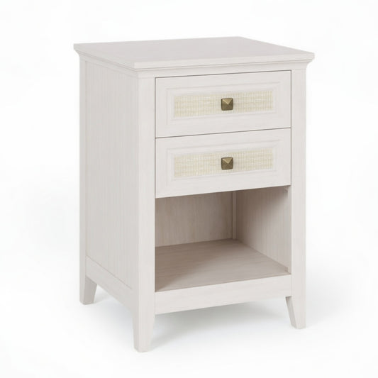 Emootto 17.7" White Rattan Nightstand - Boho Bedside Table w/ 2 Drawers & Shelf - View 2