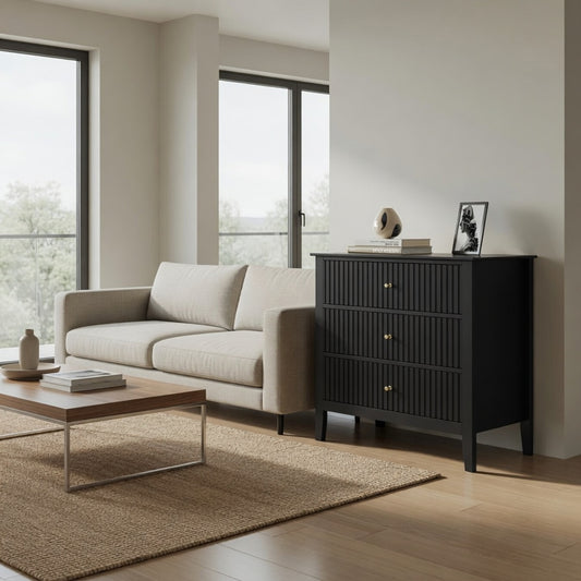 Emootto 32" Wide Black Fluted 3-Drawer Nightstand, Large Modern Bedroom End Table - View 1