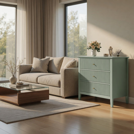 Emootto 32" Wide Mint Green Fluted 3-Drawer Nightstand, Large Modern Bedroom End Table - View 1