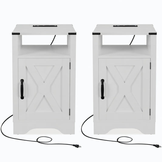 Emootto Set of 2, 16" White Farmhouse Nightstand w/ Charging Station & Storage - View 2