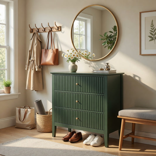 Emootto 32" Wide Green Fluted 3-Drawer Nightstand, Large Modern Bedroom End Table - View 1