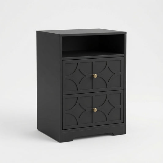 Emootto Set of 2, 18.9” Width Black Wood Nightstand with 2 Drawers & Charging Station, Diamond Carved Side Table - View 2
